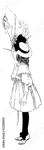 Girl using a Door Knocker, vintage illustration.