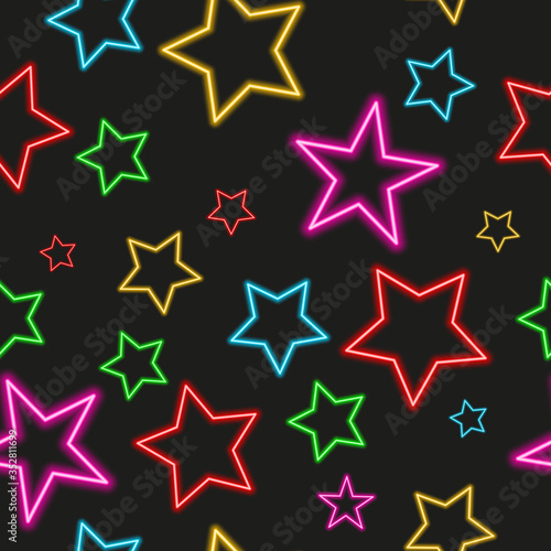 Neon stars red  blue  purple and yellow colors on a black background. Seamless  pattern. 