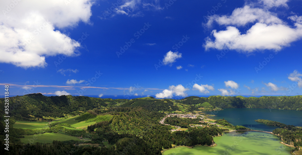 Picturesque view of Sete Cidades, a volcanic crater lake on Sao Miguel island, Azores, Portugal