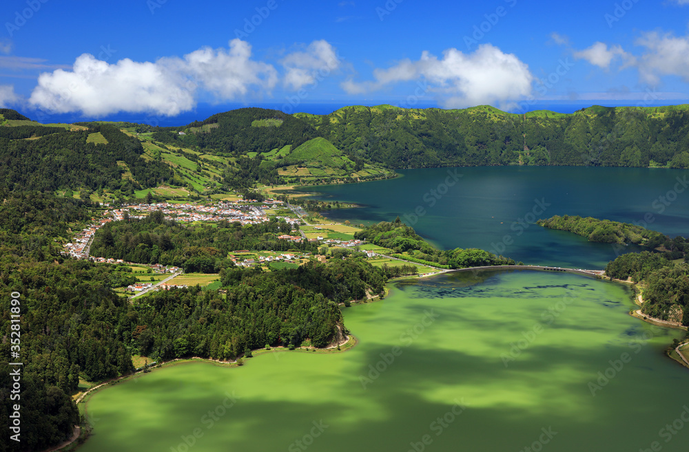 Aerial view Lake Azul and Lake Verde, Sete Cidades, Sao Miguel Island, Azores Portugal