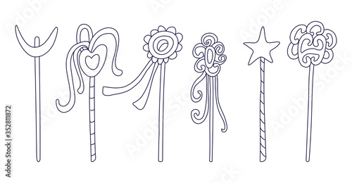 Set of magic wand decorated with ribbons, flowers, heart, star in doodle style. Hand drawn vector illustration in black ink isolated on white background. Great for coloring book.