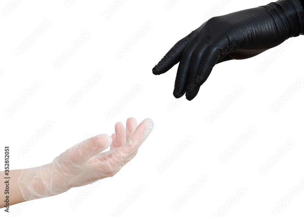 Two hands in sterile gloves stretch to each other. Hands in black ...