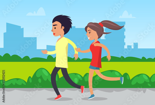 Runner or joggers in park, man and woman running or jogging, sport healthy lifestyle vector. Outdoor activity, marathon or workuot, couple in sportswear