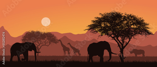Fotografia Flat design illustration of african landscape with silhouettes of safari animals