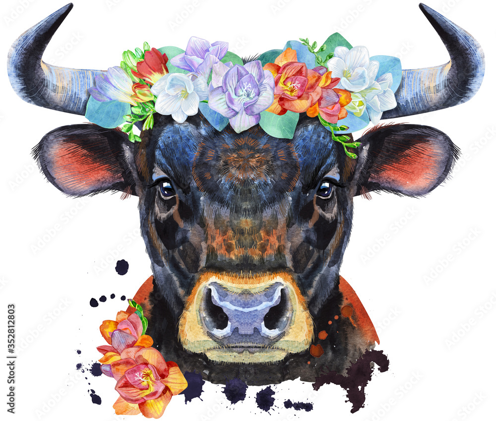 Fototapeta Watercolor illustration of black powerful bull in wreath of freesia