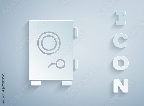 Paper cut Safe icon isolated on grey background. The door safe a bank vault with a combination lock. Reliable Data Protection. Paper art style. Vector Illustration