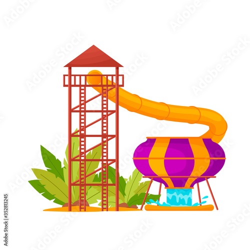 Water park with colored waterslide, pool tube for kids activity. Summer attraction in an aquapark for relaxation and fun, isolated on white background, vector illustration