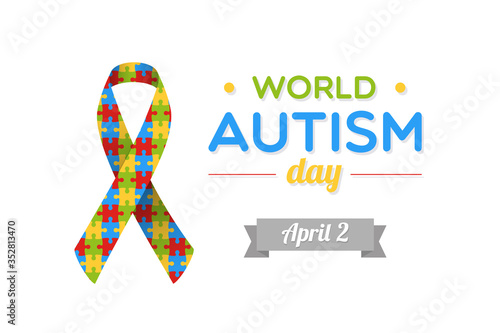 World Autism Day. April 2. Autism awareness ribbon with colorful puzzle pieces. Vector illustration, flat design