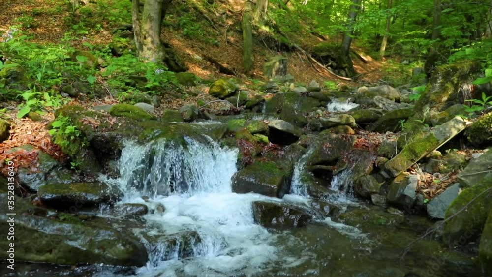 Sunny day forst mountain stream in the middle of the protected area of the Beskydy Lysa flowing from a steep slope along the rocky subsoil in slow motion. Sunny day forst mountain stream in the middle of the protected area of the Beskydy Lysa flowing from a steep slope along the rocky subsoil in slow motion.