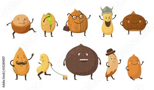 Nuts cartoon character set. Walnut, pistachio, hazelnut, almond, peanut, cashew, shell. Flat vector illustrations for vegan diet, food for kids, healthy nutrition concept