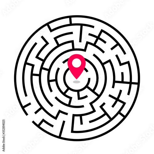 Location pin in the labyrinth - difficult and problematic way and track to the goal, target, aimand final destination. Vector illustration of searching, seeking, getting lost and finding 