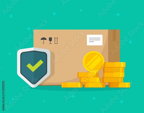 Shipping insurance of freight cargo delivery and parcel package transportation protection coverage financial guaranty care vector flat illustration, concept of logistics courier service guard shield