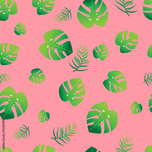 tropical pattern with monstera and palm leaves, exotic picture on a pink background