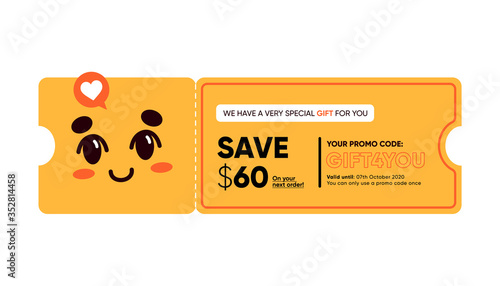Happy smiling flat coupon with code. Cartoon cute discount banner with Asian style face isolated vector illustration collection. Shopping and special offer concept