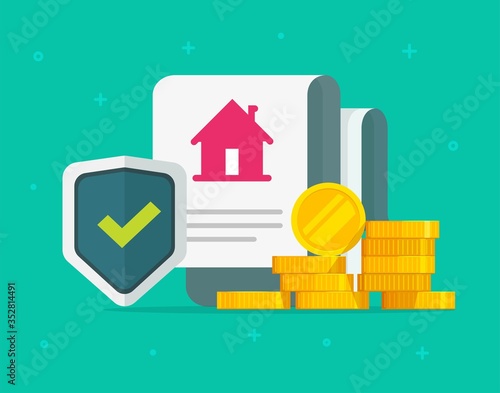 Home insurance policy and house protection coverage legal agreement document with money cash vector, flat cartoon mortgage financial guard, real estate financial deal defence