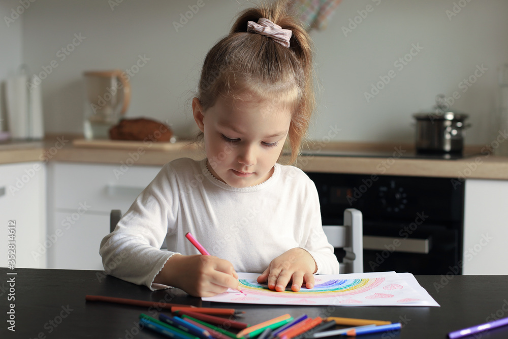 Girl painting rainbow at home, a symbol of UK National Health Service (NHS). Thanks to the doctors for their work. Stay at home Social media campaign. Girl painting rainbow at home, a symbol of UK National Health Service (NHS). Thanks to the doctors for their work. Stay at home Social media campaign.
