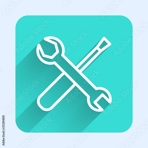 White line Screwdriver and wrench spanner tools icon isolated with long shadow. Service tool symbol. Green square button. Vector Illustration