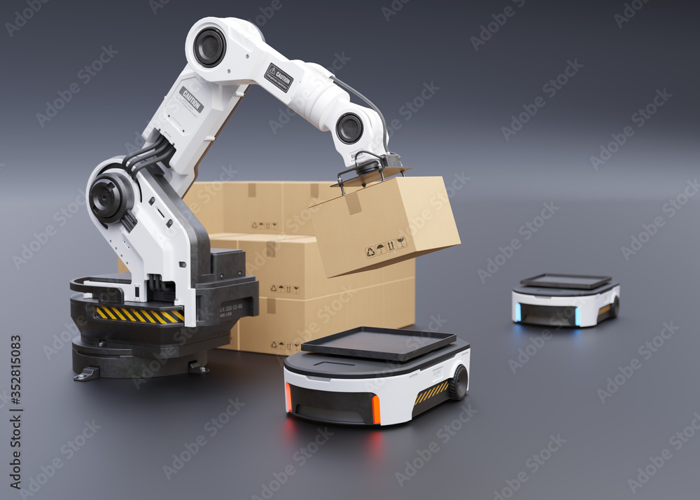 The robot arm picks up the box to AGV. The robot arm picks up the box to AGV.