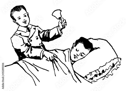 Boy Waking Another Boy with Bell, vintage illustration.