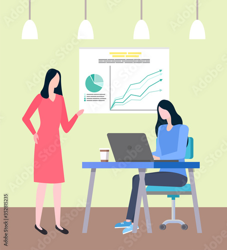 Woman working on laptop while boss giving task vector, employee and employer in office. Table with diagram and stats, statistics information on business