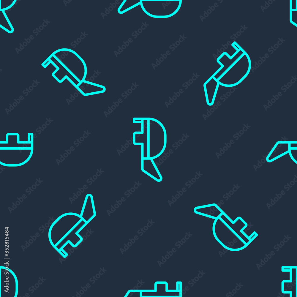 Green line Fencing helmet mask icon isolated seamless pattern on blue background. Traditional sport defense. Vector Illustration Green line Fencing helmet mask icon isolated seamless pattern on blue background. Traditional sport defense. Vector Illustration