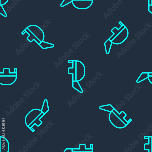 Green line Fencing helmet mask icon isolated seamless pattern on blue background. Traditional sport defense. Vector Illustration