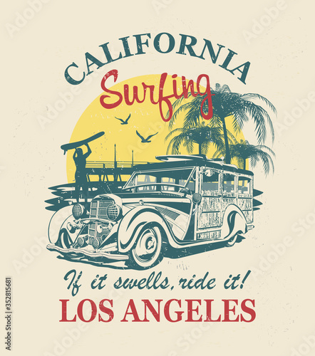 California typography for t-shirt print with surf,beach and retro Woody Car.Vintage poster.