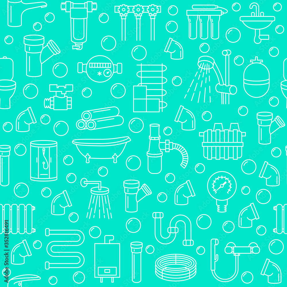 Seamless pattern with plumbing service line icon on a azure background. Concept for web banners and printed materials Template for plumbing store. Seamless pattern with plumbing service line icon on a azure background. Concept for web banners and printed materials Template for plumbing store.