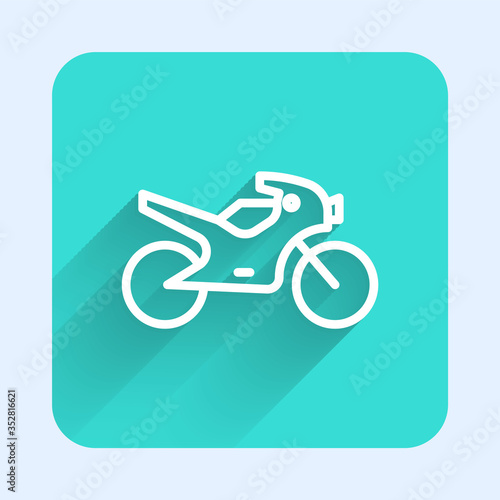 White line Motorcycle icon isolated with long shadow. Green square button. Vector Illustration