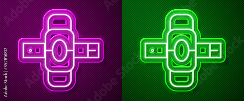 Glowing neon line Knee pads icon isolated on purple and green background. Extreme sport. Skateboarding, bicycle, roller skating protective gear. Vector Illustration
