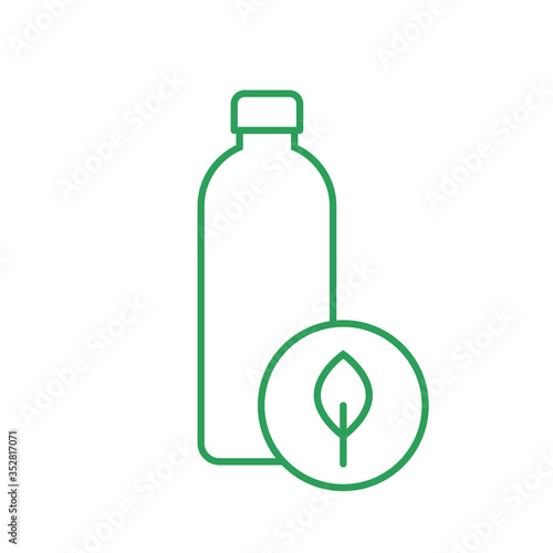 Biodegradable water bottle thin line icon. Bottle with a leaf. Sustainable packaging as alternative to plastic. Plant based water bottle. Eco friendly bioplastic. Vector illustration, flat, clip art. 