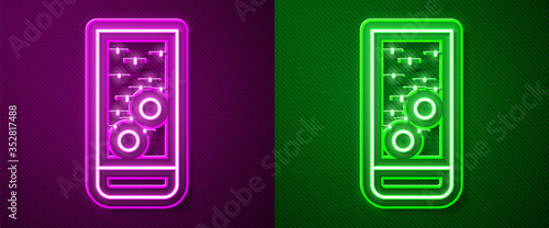 Glowing neon line Effervescent aspirin tablets dissolve in a glass of water icon isolated on purple and green background. Vector Illustration