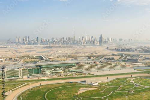 Canvas Print Dubai Downtown skyline as viewed from the Meydan racing complex.