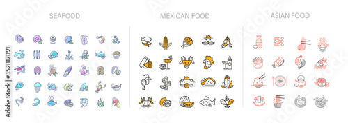 Vector icon and logo collection for asian, japan food seafood and mexican. Delivery food. Editable outline stroke size. Line flat contour, thin and linear design. Simple icons. Sign, symbol