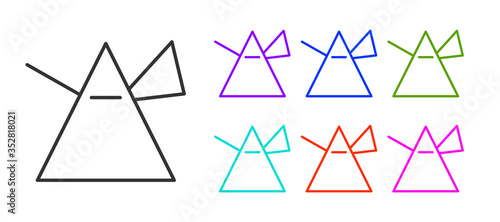Black line Light rays in prism icon isolated on white background. Ray rainbow spectrum dispersion optical effect in glass prism. Set icons colorful. Vector Illustration