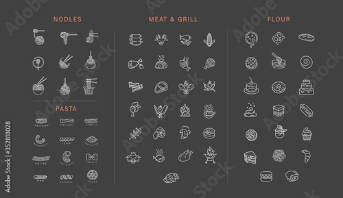 Vector icon and logo collection for italian pasta or noodles, meat grill and flour products. Editable outline stroke size. Line flat contour, thin and linear design. Sign, symbol