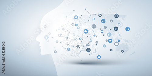 Futuristic Machine Learning, Artificial Intelligence, Cloud Computing and Networks Design Concept with Human or Robot Face, Icons, World Map and Polygonal Network Mesh