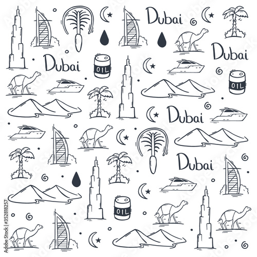 UAE. Travel to Dubai. Hand draw doodle background. Vector illustration.