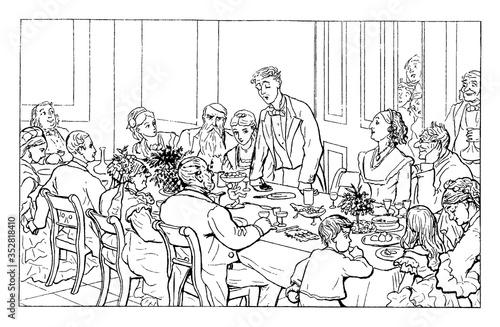Family enjoying dinner, vintage illustration.