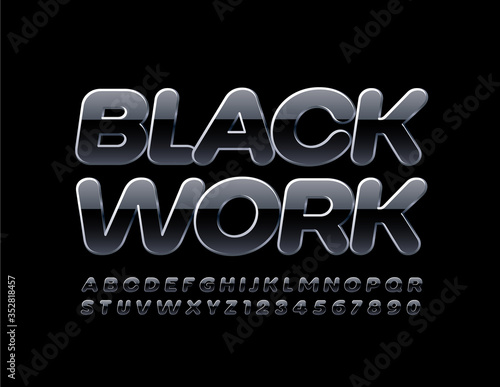 Vector reflective emblem Black Work with metallic Font. Modern shiny Alphabet Letters and Numbers
