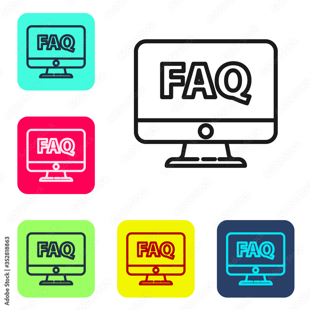 Black line Computer monitor and FAQ icon isolated on white background. Adjusting, service, setting, maintenance, repair, fixing. Set icons in color square buttons. Vector Illustration Black line Computer monitor and FAQ icon isolated on white background. Adjusting, service, setting, maintenance, repair, fixing. Set icons in color square buttons. Vector Illustration