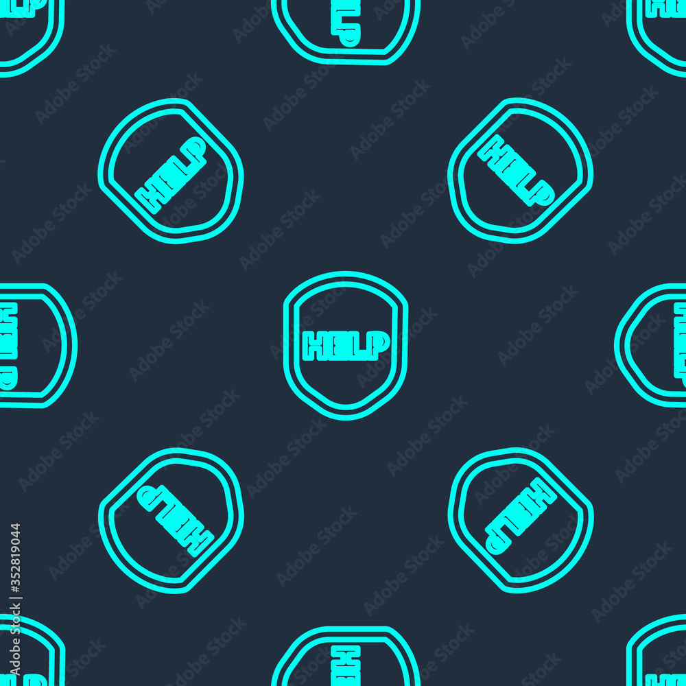 Green line Shield with text Help icon isolated seamless pattern on blue background. Guard sign. Security, safety, protection, privacy concept. Vector Illustration Green line Shield with text Help icon isolated seamless pattern on blue background. Guard sign. Security, safety, protection, privacy concept. Vector Illustration