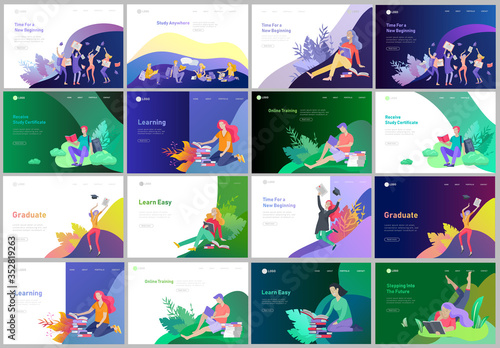 Set of web page design templates with relaxed learning people outdoor and graduate for online education, training and courses. Modern vector illustration concepts