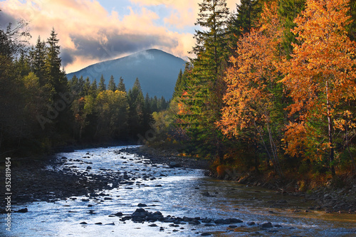 Mountain river in the fall. Autumn in the Carpathians.
