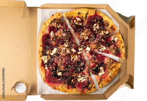 egetarian beetroot pizza with cheese, sliced pickled beet, nuts photo