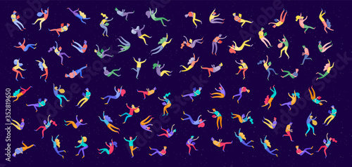 Inspired People flying in space and interacting with gadgets and papers. Characters set moving and floating in dreams, imagination and inspiration. Flat design style
