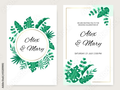 Set of cards with green tropical leaves. Eucalyptus, palm, fern leaves. The concept of wedding decoration. Floral poster, invitation. Vector decorative greeting card or invitation design background.