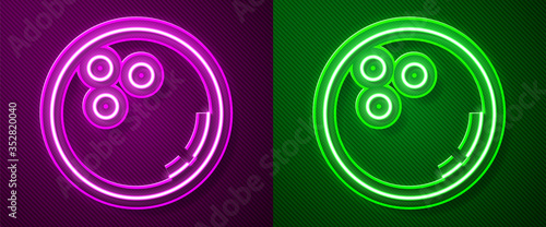 Glowing neon line Bowling ball icon isolated on purple and green background. Sport equipment. Vector Illustration