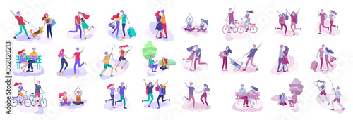 Happy Lover Relationship, scenes with romantic couple kissing, hugging, riding bicycle, walking, playing tennis, guitar, doing yoga, dansing. Characters Valentine day Set. Colorful vector