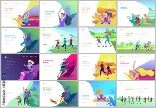 Landing page template with running man, play tennis, children riding bicycles, man doing yoga. People performing sports outdoor activities at park or Nature, healty life style. Cartoon